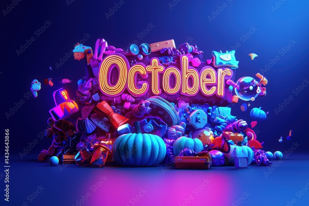 A colorful arrangement filled with seasonal items represents October. Bright pumpkins, playful toys, and glowing letters create an engaging atmosphere celebrating fall festivities.