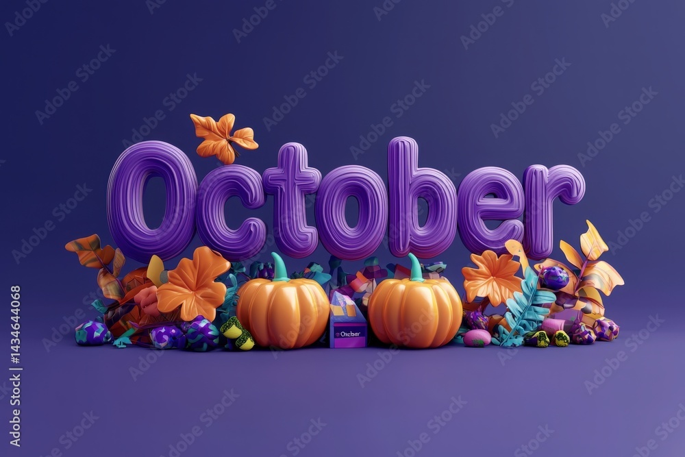 October is showcased vibrantly with purple letters surrounded by pumpkins and an array of colorful candies. The festive atmosphere highlights autumn elements and Halloween spirit.