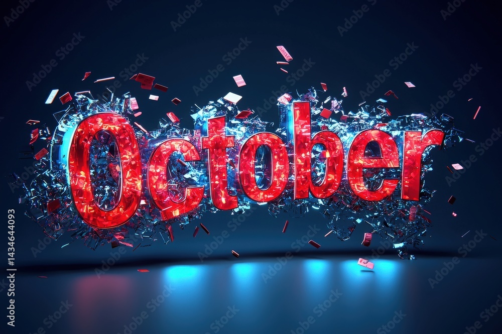 Bright red October lettering stands out against a dark background, with shards and fragments creating a dynamic visual effect. This creative design captures the essence of the month and excitement.