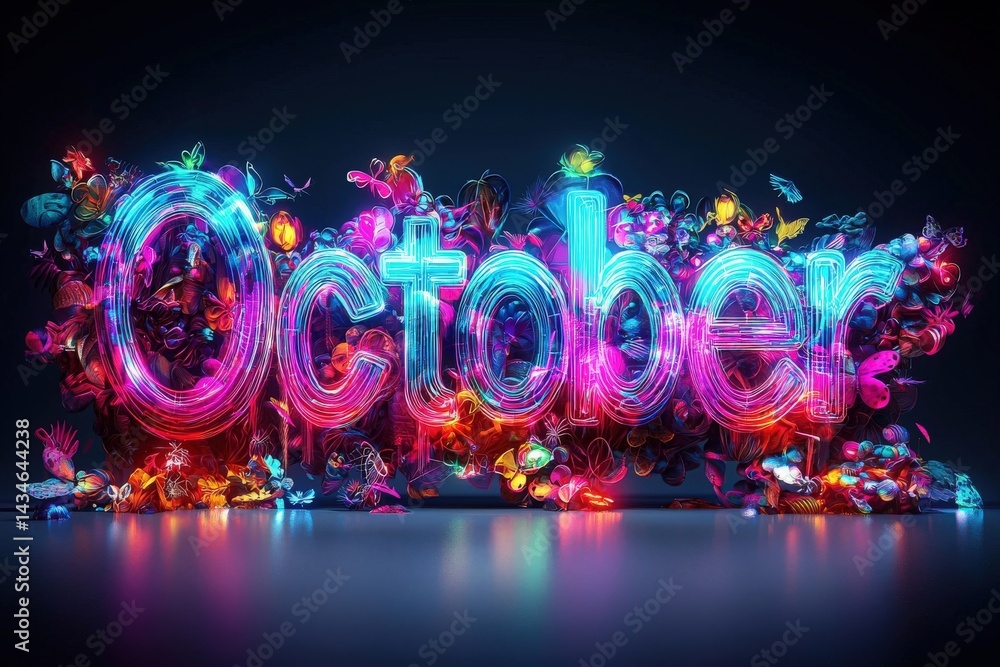 The design showcases the word October in bold, luminous letters, surrounded by an array of colorful flowers and butterflies, creating a whimsical and festive autumn feel.