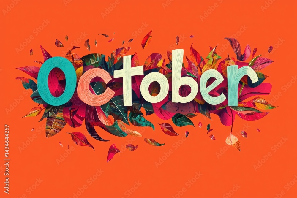 Bright orange background showcases the word October in 3D lettering, surrounded by colorful autumn leaves. The lively design captures the essence of the fall season and seasonal transition.