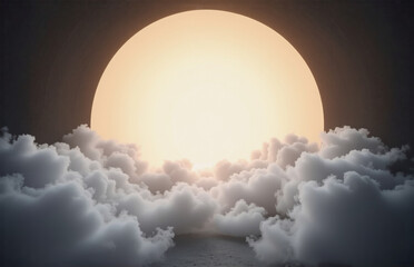 Wall Mural - a luminous, pale yellow moon hangs low over a sea of fluffy white clouds against a dark night sky, c