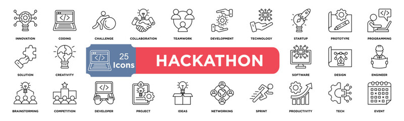 hackathon icon collection set. containing innovation,coding,challenge,collaboration,teamwork,develop