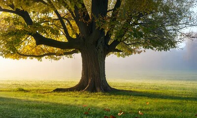Wall Mural - majestic tree in misty morning sunlight, surrounded by fallen leaves and green grass