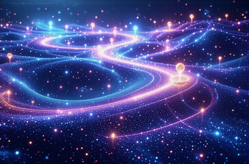 a glowing, celestial pathway winds through a cosmic landscape, illuminated by vibrant, swirling ligh