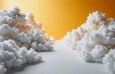 Wall Mural - fluffy white cloudscape against a warm, amber backdrop. a minimalist, serene scene suggesting a peac