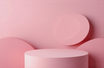 Wall Mural - a minimalist scene featuring overlapping pink circles and a cylindrical platform against a pale pink