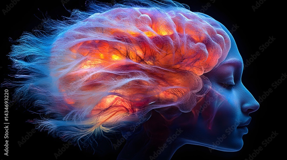 Striking profile art representing the human mind. A glowing brain emits energy, visualized as flowing strands. Thought and intelligence concept. Abstract Medical Pain
