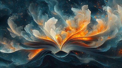Aufkleber - Open book pages swirl into ethereal forms, glowing with warm orange to cool blues against a starry night sky, blending knowledge, imagination, cosmos Abstract Medical Pain.