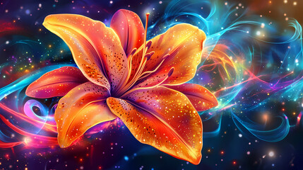 Wall Mural - Fiery lily flower with vibrant colors and cosmic background. Galaxy Lily. Illustration