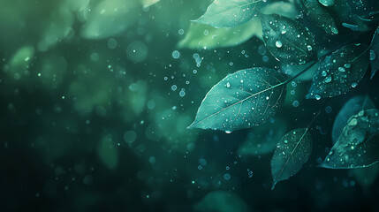 Wall Mural - vibrant green leaves falling in misty, ethereal light; water droplets on leaves; bokeh background; n
