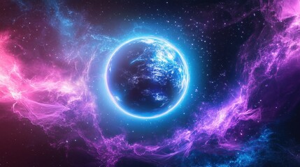 Wall Mural - Neon planet encircled by vibrant nebulae in cosmic space.