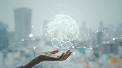 Poster - Global network concept with woman holding hands against city background