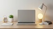 © Stocksy - Laptop plant lamp and books on a desk against a white wall.