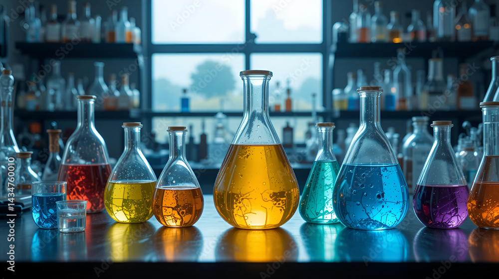 Lab setup with inorganic acids and bases, chemical substance ...