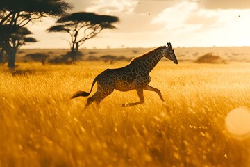 a giraffe running through a golden field at sunset in the african savanna with trees in background