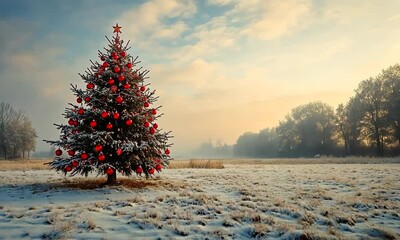 Wall Mural - Festive christmas tree adorned with red ornaments standing alone in a snowy landscape