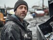 © TPS Studio - A weathered man stands near a dumpster, seemingly contemplative, with a gritty urban backdrop and a snowfall adding texture to the scene.