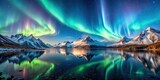 Mountainous landscape with snow-capped peaks and a serene lake in the foreground , aurora borealis, wilderness