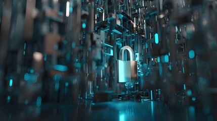 Glowing geometric shapes in blue and silver tones symbolizing futuristic digital security and protection