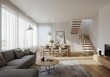 © Muaz - Bright living room with couch dining table and stairs in a modern minimalist interior design setting