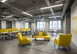 © Muaz - Bright open office space with yellow accents and modern furniture under exposed ceiling architecture