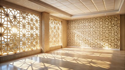 Canvas Print - a room with a modern beige interior featuring intricate geometric sunlight patterns on the walls and
