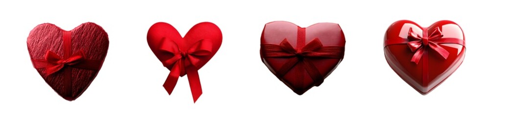 Set of heart shaped gift containers, each with a red ribbon, isolated on transparent background