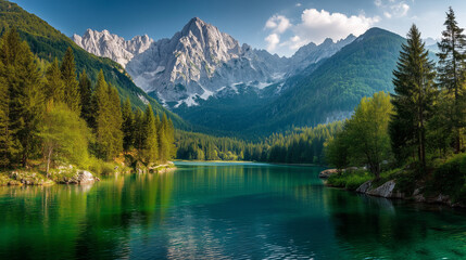 Naklejka na meble Colorful summer view of Fusine lake. Bright morning scene of Julian Alps with Mangart peak on background, Province of Udine, Italy, Europe. Traveling concept background