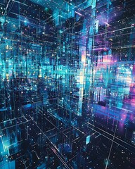 Wall Mural - A computer generated image of a cityscape with a blue sky and a purple