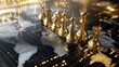 © Laongdaow Duangkaew - Dramatic 3D visualization of gold and silver chess pieces symbolizing global financial strategy and economic warfare displayed on illuminated digital world map with premium metallic details
