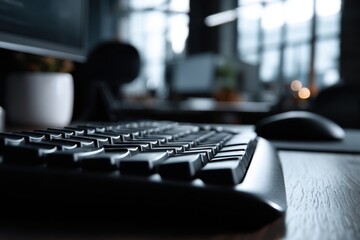 A black keyboard sits on a wooden desk