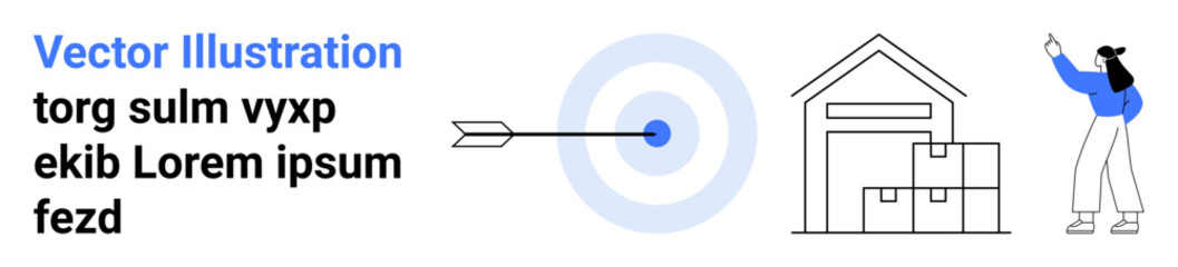 Wall Mural - Bullseye with arrow, warehouse with boxes, person pointing. Ideal for logistics, inventory, planning, targeting, warehouse management, supply chain simple landing page