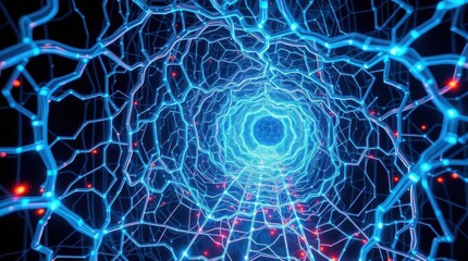 Wall Mural - digital tunnel illustration with blue glowing lines and red dots effect
