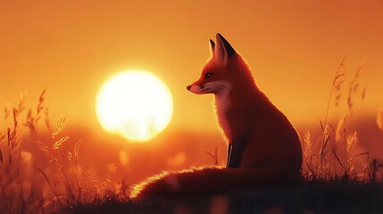 Naklejka na meble Fox sitting under a warm sunset, minimal cozy style