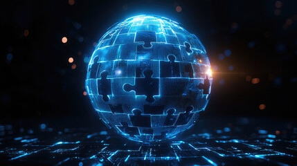 Poster - Futuristic digital sphere made of glowing blue puzzle pieces, floating above dark illuminated surface, symbolizing technology, innovation, and connection in modern world