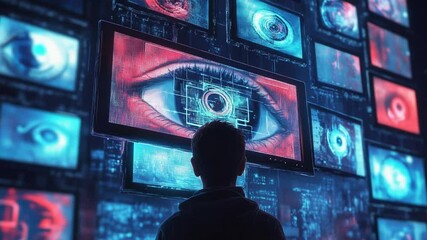 Person watches futuristic screen wall displaying abstract eye, technology concept