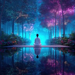 Wall Mural - A tranquil figure meditates in a vibrant forest, surrounded by colorful foliage and reflections in calm water, evoking serenity and inner peace.