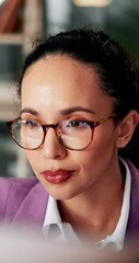 Poster - Business, woman and reading in office for research, check company proposal or analysis for project management. Email, review and computer for administration, female person and corporate solution