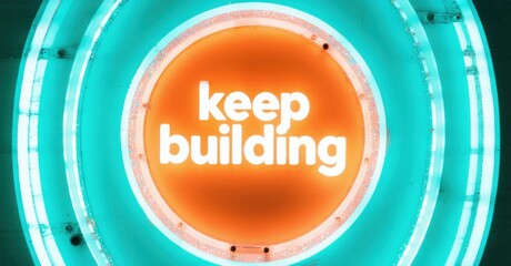 Aufkleber - Bright neon sign displays positive message. Orange circle contains white text, surrounded by turquoise rings. Inspiring, modern design.