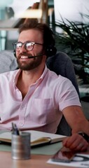 Aufkleber - Happy, businessman and consultant writing with headset on computer for customer service or report. Man, agent or virtual assistant taking notes at call center for client enquiry, reminder or schedule