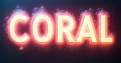 Fototapete - Bright coral text glows against dark background. Particles surround letters, creating vibrant effect. Bold typography dominates image.