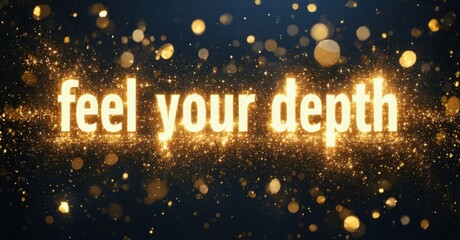 Fototapete - Sparkling gold text reads feel your depth over dark blue background. Glittering particles create luminous effect. Inspiring message.