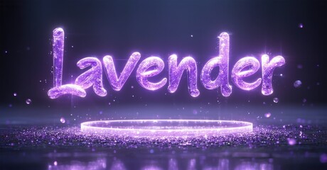 Fototapete - Glows text spells Lavender. Purple sparkles surround word resting upon circular platform. Dark background enhances luminosity.
