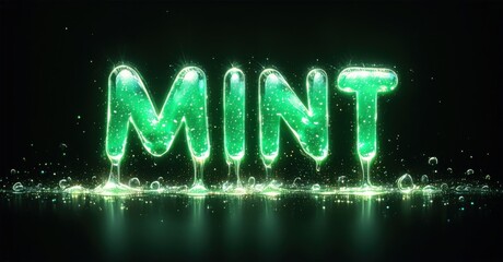 Fototapete - Bright green MINT text drips liquid. Sparkling particles surround luminous letters, reflecting on dark surface. Fresh, vibrant design.