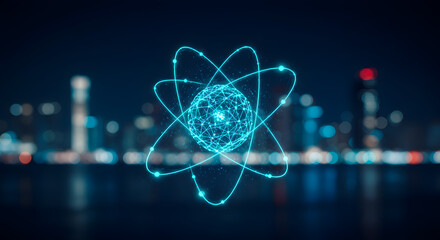 Wall Mural - glowing blue atom structure against a blurred cityscape background at night