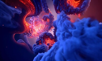 Wall Mural - dynamic luminous blue and red fractal cloud patterns shift over time made with generative ai technol