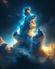 Wall Mural - ethereal cosmic nebula formation with vibrant blue and golden hues against a backdrop of twinkling s