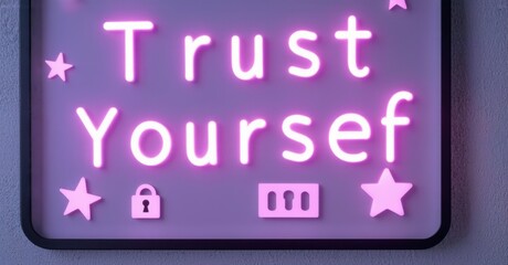 Aufkleber - Bright pink neon sign displays words Trust Yourself. Stars, lock, bricks decorate purple background. Positive message, simple design.