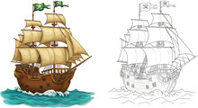 Pirate Galleon Illustration: A detailed illustration of a pirate galleon sailing the open sea, presented in both color and line art versions. Perfect for nautical themed projects.